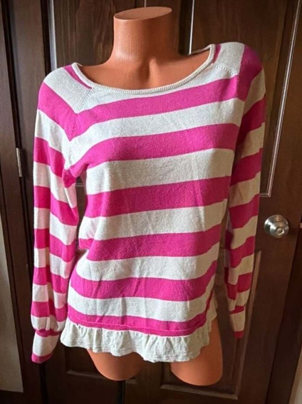 Skies Are Blue Women's Pink and White Striped Long Sleeve Crew Neck Sweater with